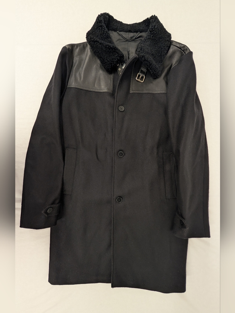 The Kooples Black Wool And Leather Pea Coat with Shearling Collar XL